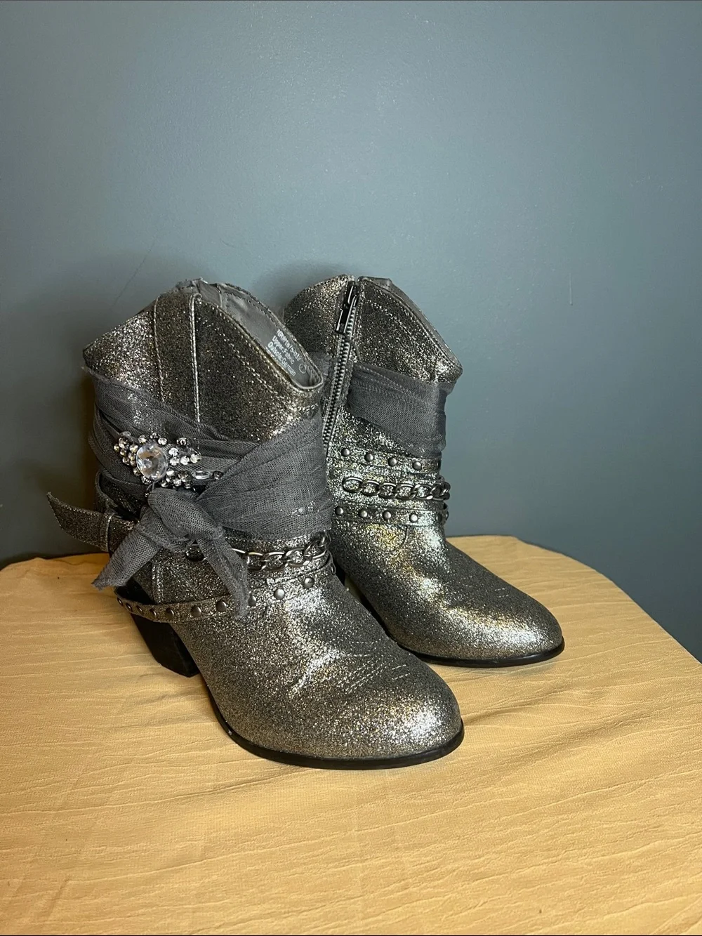 Not Rated Silver Glitter Ankle Boots with Rhinestone Wrap and Studs